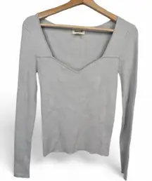 Open Edit Womens Size S Light Grey Ribbed Square V-Neck Fitted Long Sleeve Top