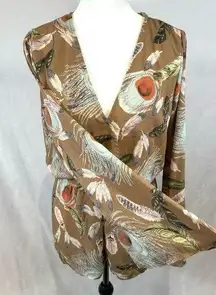 Buddy Love long sleeve mocha feather print faux wrap romper size small NWT