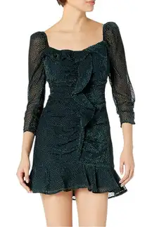 ASTR Sephra Forest Green Swiss Dot Sweetheart‎ Neck 3/4 Sleeve Ruched Mini Dress