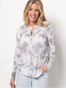 LOGO Layers by Lori Goldstein Watercolor Printed Mesh Cardigan Pearl Grey Large