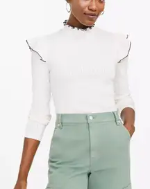 Loft pointelle white ribbed ruffle sleeve top size medium