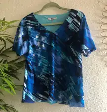 90s Blue short sleeve top blouse slim fit fitted with fringe layering detail (Size L)