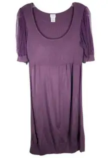 Cache Medium Sweater Dress Purple Knit Sheer Sleeves Above Knee Shift Scoop 1296