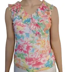 CHAPS RALPH LAUREN  MESH STRETCHY SLEEVELESS RUFFLED PINK BLUE WHITE FLORAL TOP S