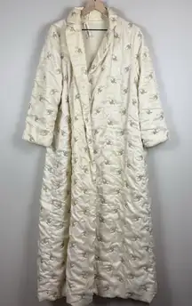 Vtg 60s ODETTE BARSA Quilted Acorn Embroidered Robe OS House Coat Lounge Retro