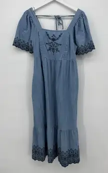 Old Navy Chambray Denim Embroidered Long Flutter Sleeve Dress Size Small Boho