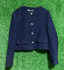 Zara Womens Navy Tweed Blazer Classic Elegant Cropped Jacket Large
