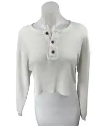Princess Polly White Waffle Knit Long Sleeve Henley Cropped Sweater Top Size 6