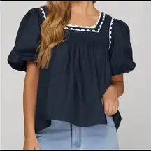 She + Sky Puff Sleeve Baby Doll Top with White Scallop Lace Trim Bow Detail