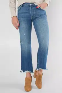 Free People Maggie Straight Jeans High Rise Rigid Denim Frayed Hem Button Fly 27