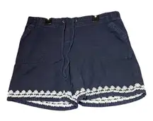 Talbots Elastic Waist Shorts Womens 12 Navy Blue Embroidered‎ Hem Drawstring