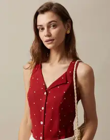 RIHOAS The Red V Neck Polka Dot Print Sleeveless Vest S