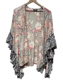 Angie Boho Floral Open Front‎ Kimono One Size Ruffle Festival Cover Up Cottage