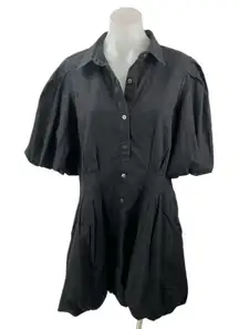 NEW Gap Womens Black Pleated Short Puff Sleeve Button Down Mini Shirt Dress Sz M