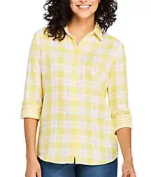 Land's End XS Yellow White Long Sleeve Plaid Button Up Shirt Casual Cotton Top