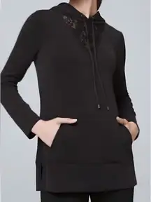 NWT White House Black Market Black Lace Inset Detail Hoodie Sweatshirt Tunic