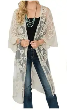 She + Sky Lace Midi Long Kimono Ivory Mesh Cardigan Romantic Cardigan Size Large
