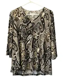Susan Graver Pullover Long Sleeve V‎ Neck Blouse Size M Paisley Floral Stretch