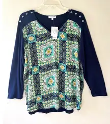 Ava James Sz L V Neck Floral Print Blue Pullover Stretch Blouse Top