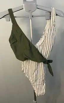 Green and white‎ striped swimsuit size medium