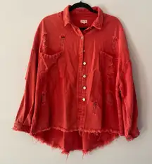 POL Hot Pink Cotton Distressed Oversized Shacket Jacket Women's size Large