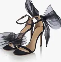 New women’s  Black asymmetric mesh bow statement stilettos sandals, Size 9