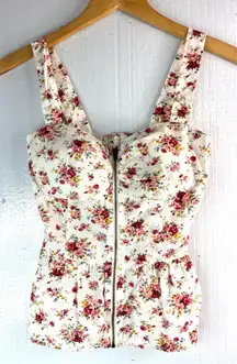 Mind Code M Y2K Feminine Smocked Cotton Sleeveless Floral Fitted Zip Front Top