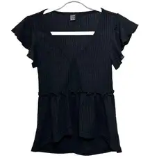 Shein Sz XS Black Butterfly Cap Sleeve V-Neck Waffle Knit Flared Peplum Top