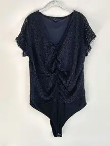 Torrid Womens Plus Black Laced Bodysuit Size 2 Lined V Neck Snap Button Ruched