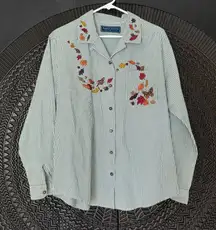 VTG Karen Scott Embroidered Fall Leaves Butterfly Button Up Shirt L Teacher 90s