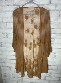 Dee Elly Boho Mustard Golden Yellow Floral Embroidered Sheer Shawl Duster