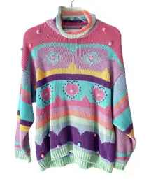 Reference Point Vintage Mock Neck Stripe Heart Pom Pom Sweater size large cotton