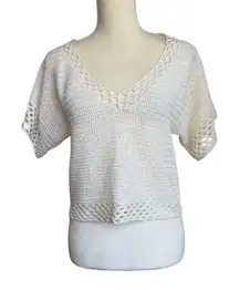 Women's V-Neck Crochet Sweater Top White Size XS