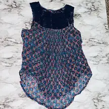 Lucky Brand | Sleeveless Crochet Floral Tank Top Button Back | Blue | Womens | S