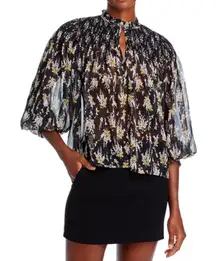 AQUA Floral Smocked‎ Mock Neck Blouse Black Sheer Long Sleeve Top Women's