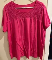 Basic Editions Size 2x Pink Lace/Floral Neckline Tee