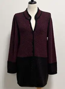 Karl Lagerfeld Merlot Black Marble Colorblock Button Up Mid Length Knit Sweater