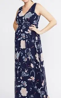 Maternity Navy Floral Chiffon Maxi Dress Sz L  Summer Backyard Party