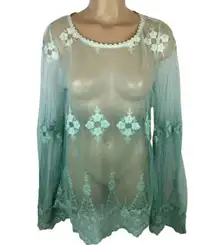 Love Stitch  Blue Sheer Crochet Swim Cover Up Top M