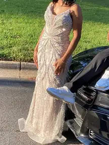 ACCEPTING OFFERS‼️Glamorous beaded maxi dress with a touch of sparkle  Sparkly beaded silver off the shoulder dress with small train .. (WORE ONCE)!!