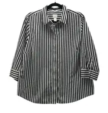Chicos Button Up Striped Top Black White XL