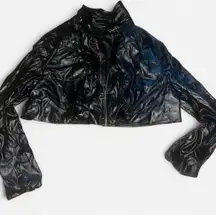 Black faux leather cropped zip up jacket with bell sleeves 