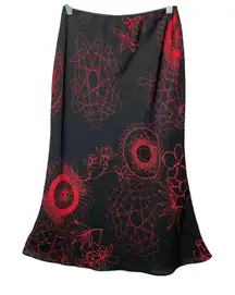 Vintage Y2K Profile USA Black Red Abstract Floral Slip Midi Skirt Made in USA XL