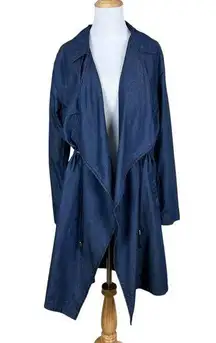 1 Sunset Lane Jacket Womens Large Blue Chambray Duster Draped Open Front Cinched