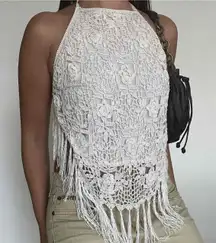 Ultra Pink White Spaghetti Strap Fringe Hem Crochet Top Size XL