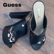 Guess  size 9.5 slip on heels leather black shoes EUC