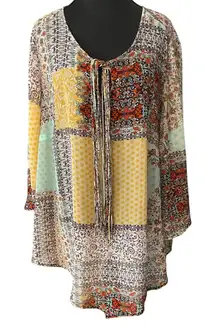 Boho Patchwork Peasant Tunic Top 1X Flowy Tie Front Festival Gypsy Hippie Lagen
