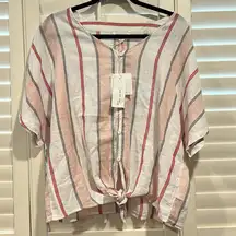 Beach lunch lounge, large linen blend Tie front shirt‎