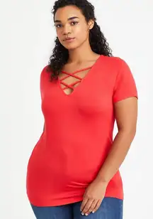 Torrid Supersoft V-Neck Strappy Ladder Coral Pink Fitted Short Sleeve T-Shirt 2X