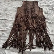 Penelope Brown vegan suede Fringe tassel Sleeveless Vest cardigan, size L boho